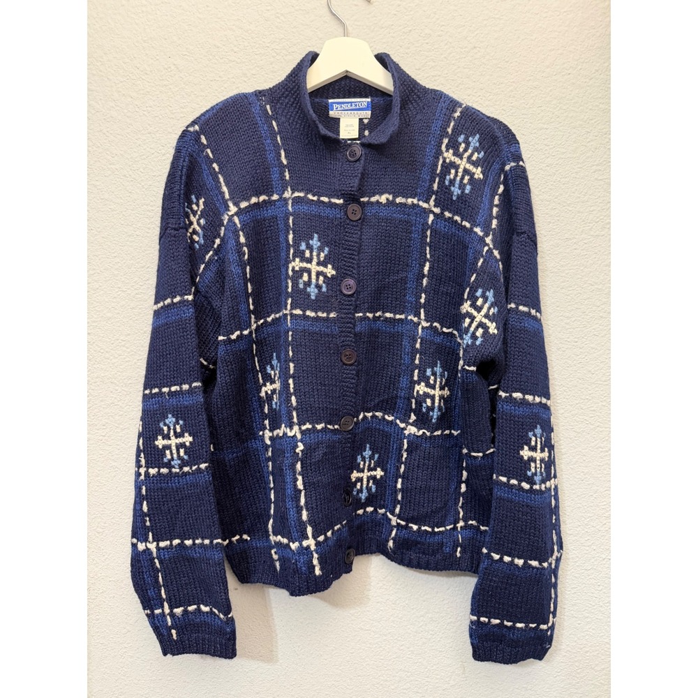 Vtg Pendleton 90s Wool Cardigan Sweater XL Knockabouts Navy Blue Plaid Snowflake